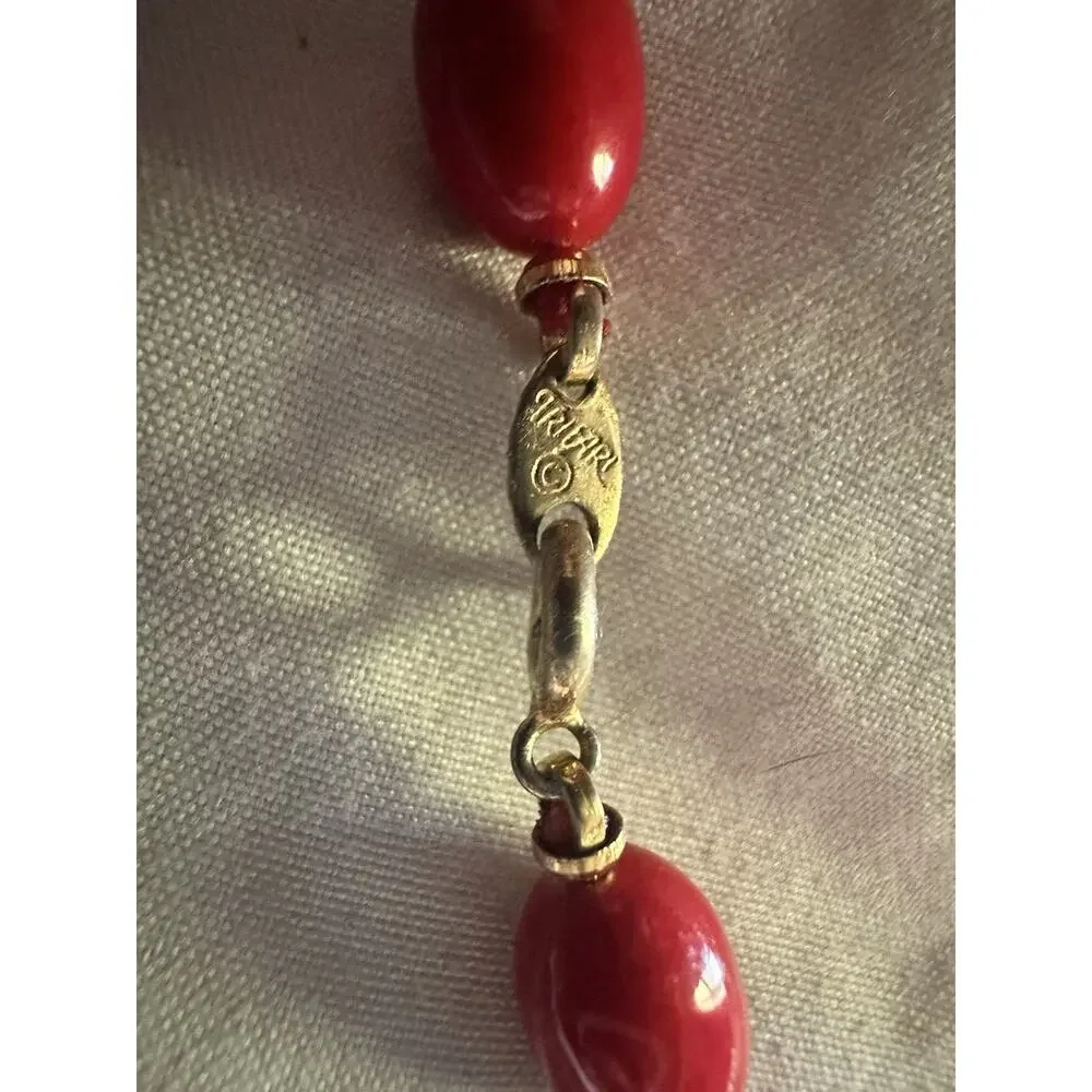 VTG Marked Trifari Red Beaded Necklace Retro Stamped Bounding Pooh Ariel Tiki